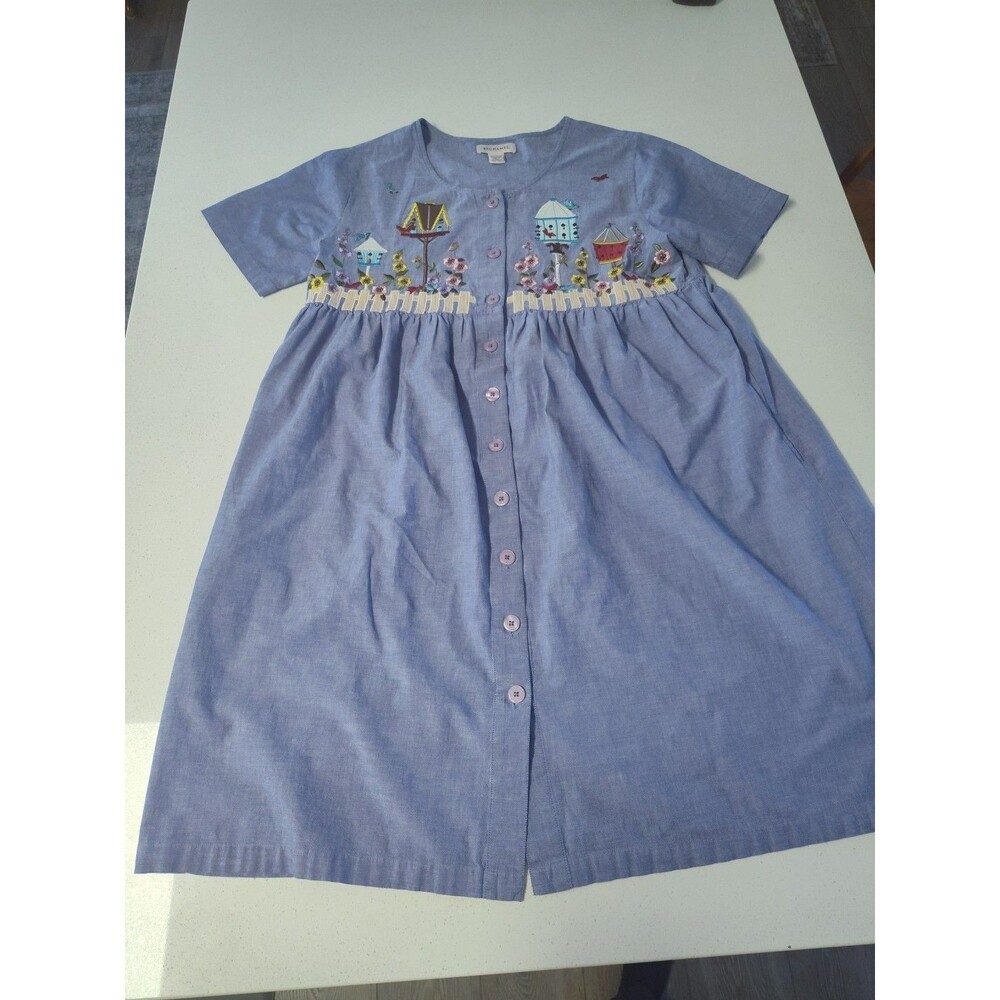 Bechamel Women’s Large Denim Dress BirdHouse Embroidered Pockets Teacher Core